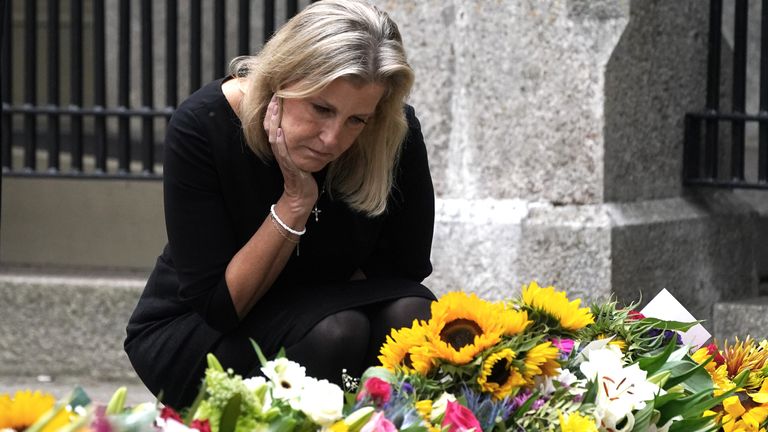 The Countess of Wessex views the messages and floral tributes left by members of the public at Balmoral in Scotland following the death of Queen Elizabeth II on Thursday. Picture date: Saturday September 10, 2022.
