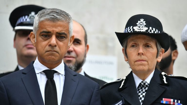 Mayor of London, Sadiq Khan (left) and Metropolitan Police Commissioner Cressida Dick attend a service at Islington Town Hall in London to mark one-year anniversary of the Finsbury Park attack.