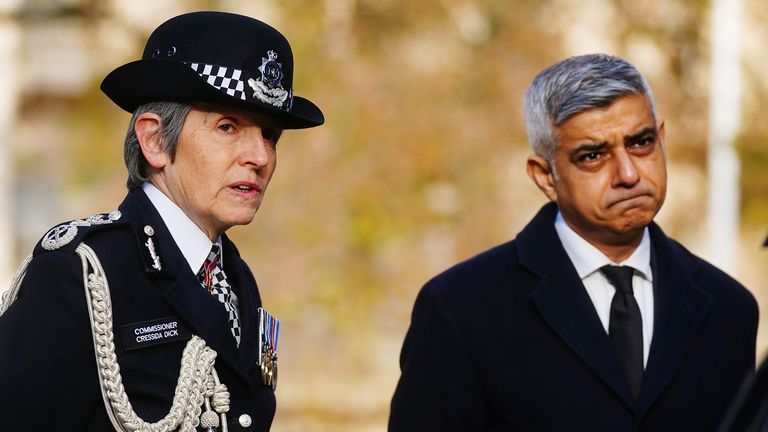 Metropolitan Police Commissioner Dame Cressida Dick with Mayor of London Sadiq Khan at the National Police Memorial on the Mall at ahead of a memorial service to remember and celebrate the life of Metropolitan Police Sergeant Matt Ratana at The Royal Military Chapel in Westminster, London. Picture date: Monday November 29, 2021.