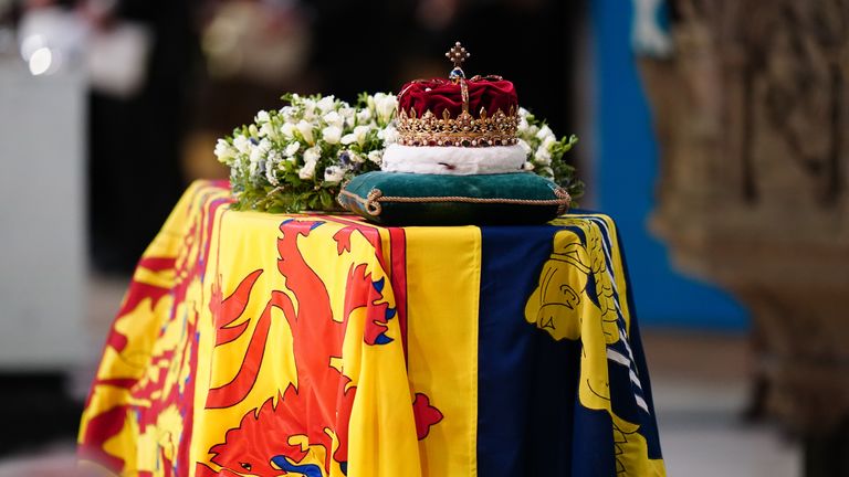 The Crown of Scotland sits atop the coffin of Queen Elizabeth II during a Service of Prayer and Reflection for her life at St Giles&#39; Cathedral, Edinburgh. Picture date: Monday September 12, 2022.

