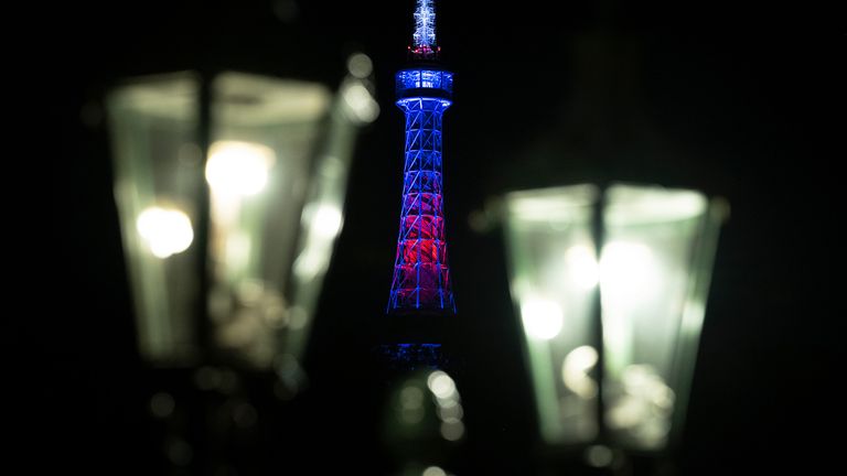 Petrin Lookout Tower in the Czech capital Prague is lit up in British colours. Pic: AP