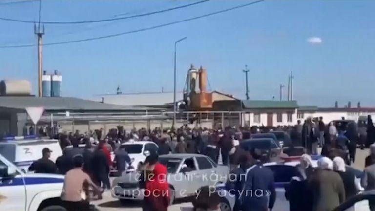 Protesters block a road in Dagestan, Russia