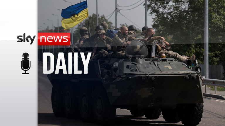 Ukrainian servicemen in an armoured vehicle in Donetsk region