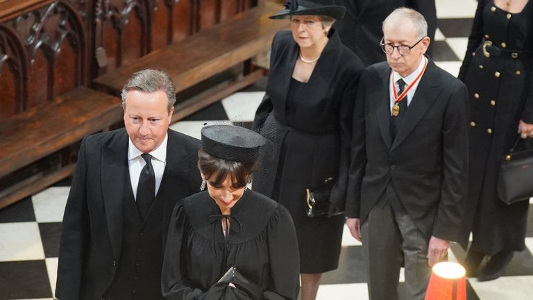 (left to right, from front) Former prime ministers David Cameron and his wife Samanatha Cameron, Theresa May and Philip May arriving at the State Funeral of Queen Elizabeth II, held at Westminster Abbey, London. Picture date: Monday September 19, 2022.