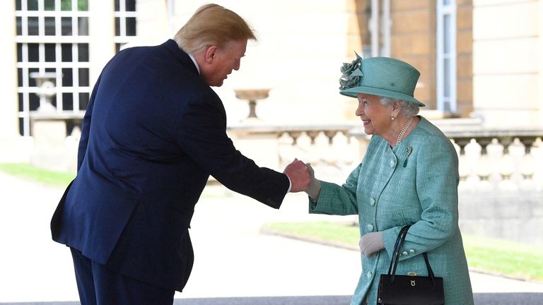 FILE PHOTO: Britain&#39;s Queen Elizabeth II greets U.S. President Donald Trump as he arrives for the Ceremonial Welcome at Buckingham Palace, in London, Britain June 3, 2019. Victoria Jones/Pool via REUTERS/File Photo