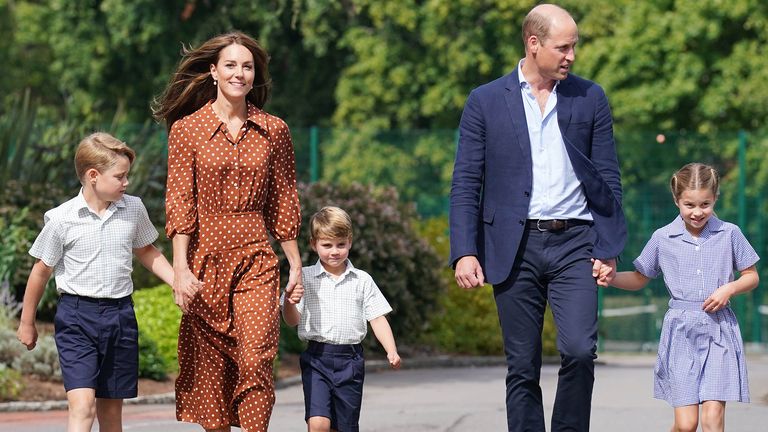 EMBARGOED TO 2230 BST WEDNESDAY SEPTEMBER 7 Prince George, Princess Charlotte and Prince Louis, accompanied by their parents the Duke and Duchess of Cambridge, arrive for a settling in afternoon at Lambrook School, near Ascot in Berkshire. The settling in afternoon is an annual event held to welcome new starters and their families to Lambrook and takes place the day before the start of the new school term. Picture date: Wednesday September 7, 2022.