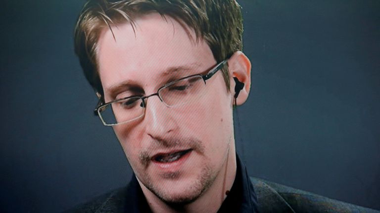 Edward Snowden speaks during a video link news conference in 2016