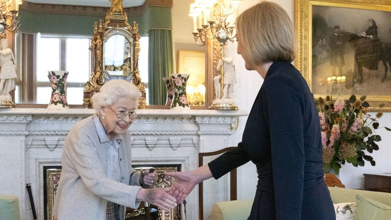 Queen Elizabeth II welcomes Liz Truss during an audience at Balmoral, Scotland, where she invited the newly elected leader of the Conservative party to become Prime Minister and form a new government. Picture date: Tuesday September 6, 2022.
