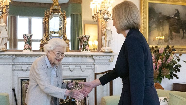 Queen Elizabeth II welcomes Liz Truss during an audience at Balmoral, Scotland, where she invited the newly elected leader of the Conservative party to become Prime Minister and form a new government. Picture date: Tuesday September 6, 2022.
