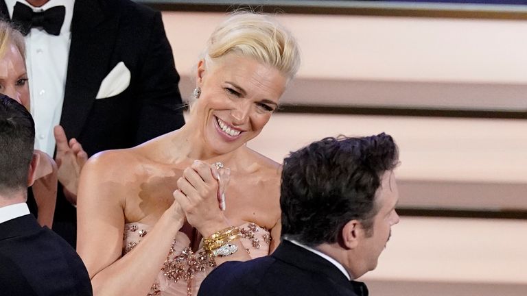 Hannah Waddingham reacts as Jason Sudeikis wins the award for outstanding lead actor in a comedy series for "Ted Lasso" at the 74th Primetime Emmy Awards on Monday, Sept. 12, 2022, at the Microsoft Theater in Los Angeles. (AP Photo/Mark Terrill)