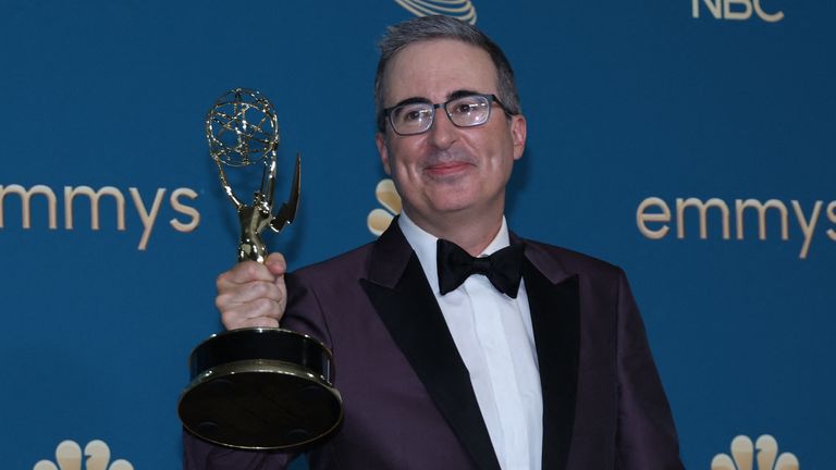 John Oliver poses with his Emmy for Best Variety Talk Series for "Last Week Tonight With John Oliver" at the 74th Primetime Emmy Awards held at the Microsoft Theater in Los Angeles, U.S., September 12, 2022. REUTERS/Aude Guerrucci