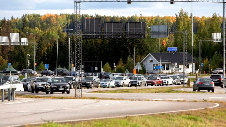 Cars waiting at the Nuijamaa border checkpoint in Lappeenranta, Finland Pic: AP 