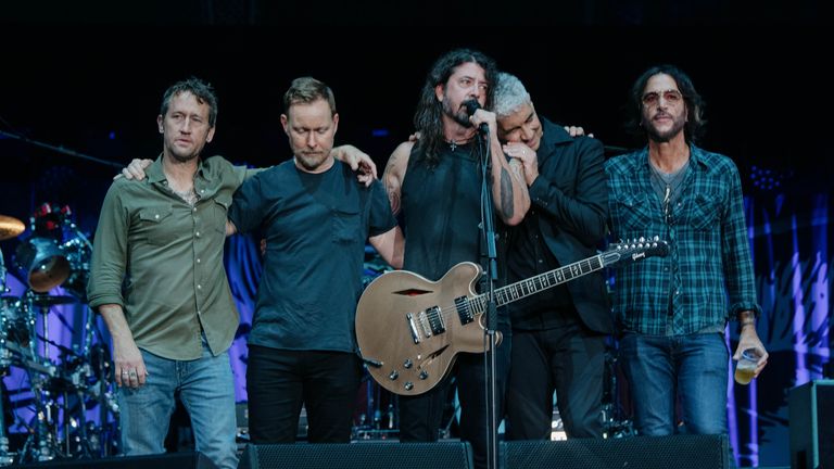 Dave Grohl and the Foo Fighters pay tribute to Taylor Hawkins at Wembley Stadium. Pic: Scarlet Page
