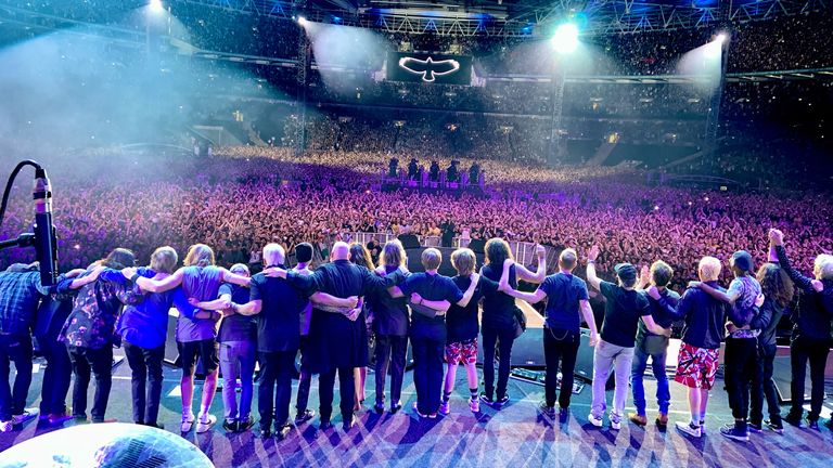 The Foo Fighters and other stars say goodbye at the end of the Taylor Hawkins Tribute Gig at Wembley Stadium. Pic: Sean Cox