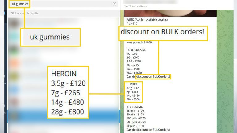 This seller is advertising class A drugs like heroin and offering bulk discounts on other hard drugs, while also offering &#39;gummies&#39; elsewhere in the channel. The chat appears under searches for &#39;uk gummies&#39;. Pic: Telegram