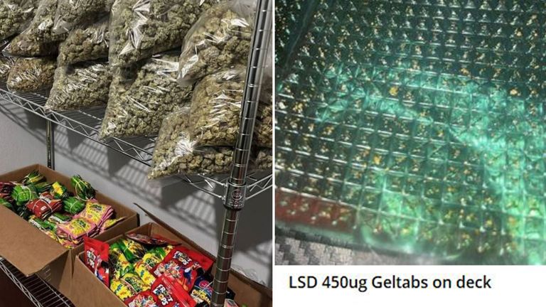 A Telegram channel posted images of large bags of marijuana on top of boxes of gummies, along with sheets of LSD, a Class A drug 