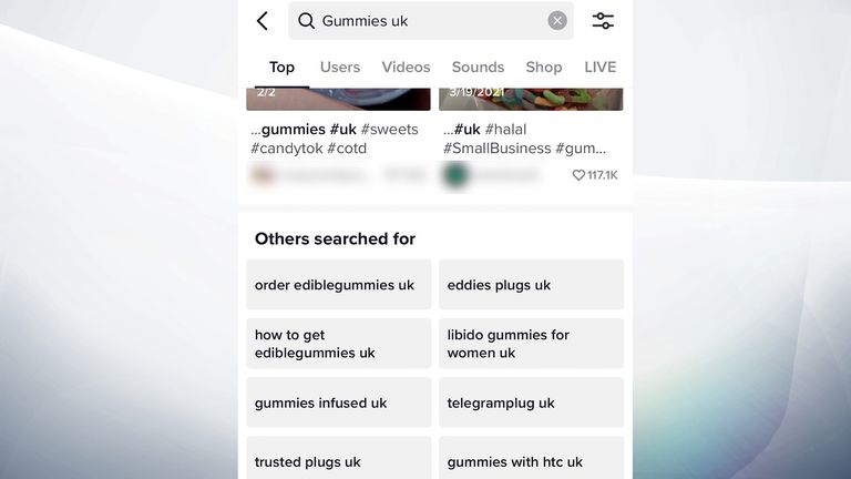 TikTok's suggested searches directed users to other drug content.  Photo: Tik Tok 