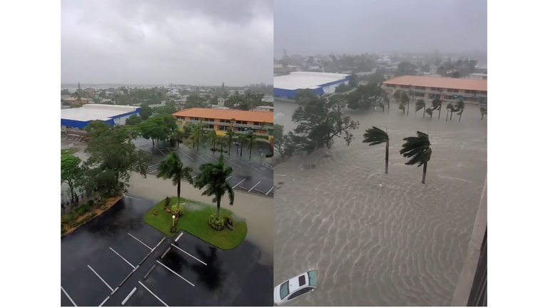 In the image on the left, the parking lot is clear, but it's completely submerged in the image shared two hours later. Image: loniarchitects via Instagram