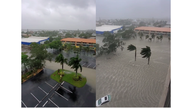 In the left image the parking lot is clear but it is completely submerged in the shared image just two hours later.  Pic: loniarchitects via Instagram