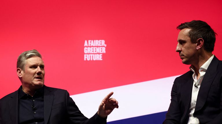 Britain's Labour Party leader Keir Starmer and Former footballer Gary Neville attend Britain's Labour Party's annual conference in Liverpool, Britain, September 26, 2022. REUTERS/Henry Nicholls
