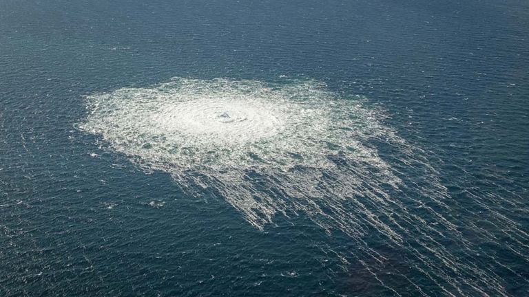 Gas bubbles from the Nord Stream 2 leak reaching surface of the Baltic Sea in the area shows disturbance of well over one kilometre  diameter near Bornholm, Denmark, September 27, 2022.  Danish Defence Command/Handout via REUTERS 
THIS IMAGE HAS BEEN SUPPLIED BY A THIRD PARTY. 