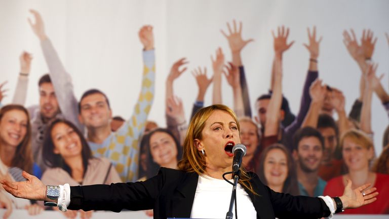 Giorgia Meloni, leader of the Fratelli di Italia Party, speaks during the Northern League rally in Bologna, central Italy, November 8, 2015. He opposes center-left Prime Minister Matteo Renzi and works with him to oust him.Reuters/Stefano Lelandini