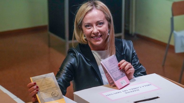 Italy's far-right Brotherhood leader, Giorgia Meloni, casts her vote at a polling station in Rome, Sunday, September 25, 2022. Italians are voting in a national election that could yield government first government-led nation far from the end of World War II.  (AP Photo / Alessandra Tarantino)