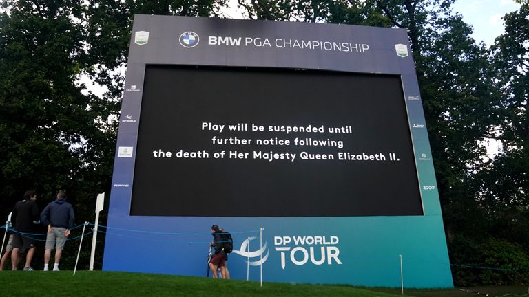 A screen displays a message that play has been suspended following the announcement of the death of Queen Elizabeth II, during the first day of the BMW PGA Championship at Wentworth Golf Club, Virginia Water.  Photo date: Thursday, September 8, 2022. Read less