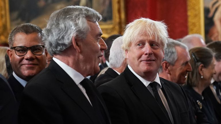 Former Prime Ministers Gordon Brown (left) and Boris Johnson during the Accession Council ceremony at St James&#39;s Palace, London, where King Charles III is formally proclaimed monarch. Charles automatically became King on the death of his mother, but the Accession Council, attended by Privy Councillors, confirms his role. Picture date: Saturday September 10, 2022.
