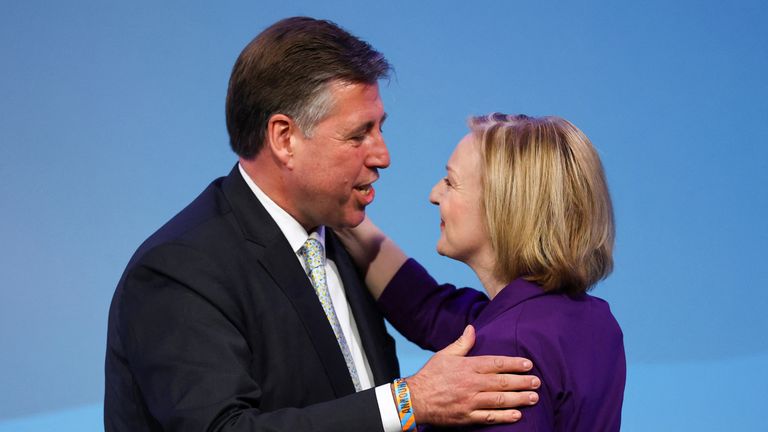 Chairman of the 1922 Committee Graham Brady congratulates Liz Truss, as she is announced as Britain&#39;s next Prime Minister at The Queen Elizabeth II Centre in London, Britain September 5, 2022. REUTERS/Hannah McKay
