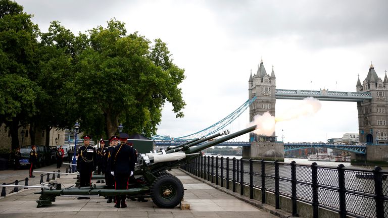 A gun salute is fired for Britain&#39;s King Charles at the Tower of London, following the death of Queen Elizabeth, in London, Britain, September 10, 2022. REUTERS/Sarah Meyssonnier

