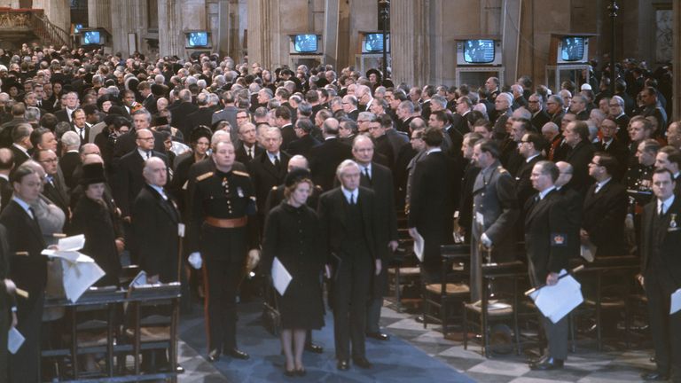 Prime Minister Harold Wilson with his wife at St. Paul&#39;s Cathedral for the funeral of Sir Winston Churchill.