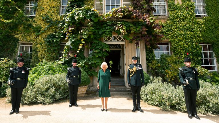 The Duchess of Cornwall, alongside Colonel Commandant, General Sir Patrick Sanders (centre right), at Highgrove House, during a ceremony for the transfer of the Colonel-in-Chief of the Rifles to the Duchess from the Duke of Edinburgh, who will begin the ceremony at Windsor Castle. PA Photo. Picture date: Wednesday July 22, 2020. The ceremony will begin at Windsor Castle where the Assistant Colonel Commandant, Major General Tom Copinger-Symes, will offer the salute and thank the Duke for his 67 years of support and service to The Rifles, and their forming and antecedent Regiments. The ceremony will continue at Highgrove House, where the arrival of The Duchess of Cornwall, where she will be addressed by The Rifles&#39; Colonel Commandant, General Sir Patrick Sanders, who will welcome The Duchess as the new Colonel-in-Chief. See PA story ROYAL Philip. Photo credit should read: Geoff Pugh/The Daily Telegraph/PA Wire