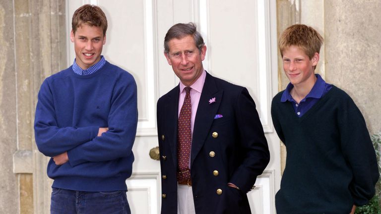 The Prince of Wales flanked by his sons Princes William (left) and Harry (right) during a photocall at Highgrove Estate, Gloucestershire, at the beginning of the two young princes summer holidays.