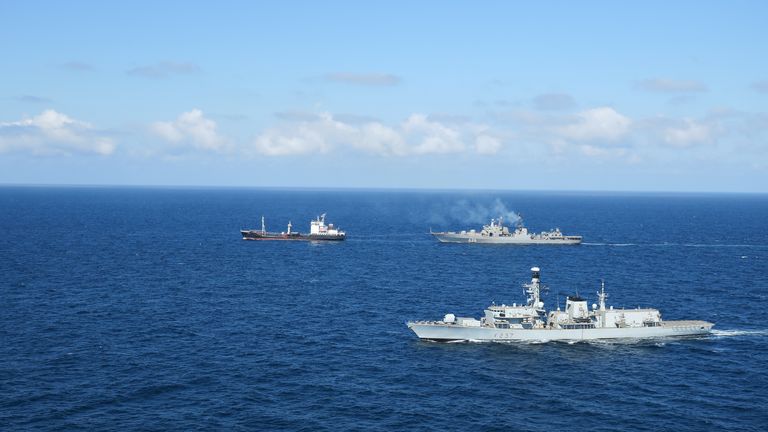 f HMS Westminster monitors the Russian frigate, Vice Admiral Kulalov and the oil tanker Vyazma during refueling operations off the west coast of Great Britain.  Three Royal Navy Type 23 warships - HMS Westminster, HMS Lancaster and HMS Richmond - obscured a Russian Navy task force in waters near the UK.  Vessels tracked the Slava-class cruiser Marshal Ustinov, sister ship of the ill-fated Moskva that sank in the Black Sea in April. 