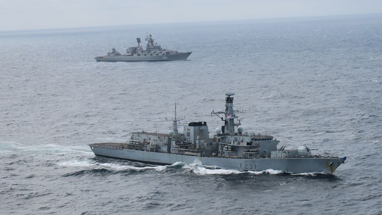 HMS Westminster watching cruiser Marshal Ustinov.  Three Royal Navy Type 23 warships - HMS Westminster, HMS Lancaster and HMS Richmond - obscured a Russian Navy task force in waters near the UK.  Vessels tracked the Slava-class cruiser Marshal Ustinov, sister ship of the ill-fated Moskva that sank in the Black Sea in April