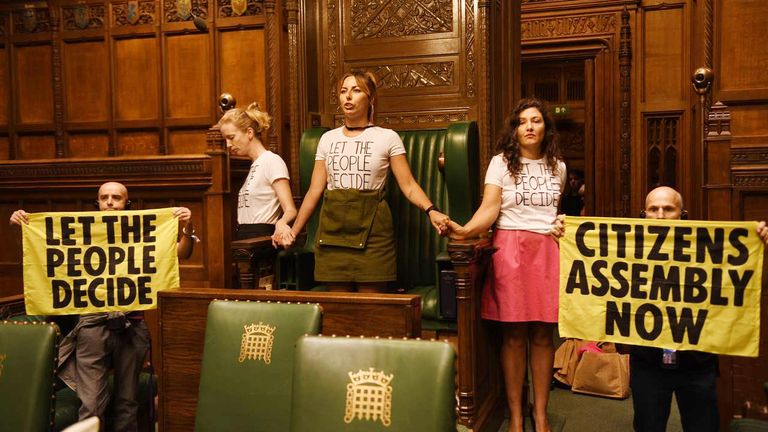 Extinction Rebellion of protesters who have superglued themselves around the Speaker&#39;s chair in the House of Commons chamber, as they call for a Citizen&#39;s Assembly. Picture date: Friday September 2, 2022.