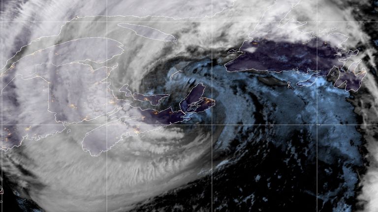 Hurricane Fiona makes landfall between Canso and Guysborough, Nova Scotia, Canada in a composite image from the National Oceanic and Atmospheric Administration (NOAA) GOES-East weather satellite September 24, 2022. NOAA/Handout REUTERS THIS IMAGE HAS BEEN SUPPLIED BY A THIRD PARTY.