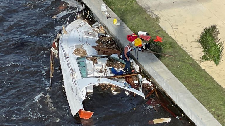 An aerial view of a damaged boat after Hurricane Ian caused widespread destruction in Punta Gorda, Florida, U.S., September 29, 2022. REUTERS/Shannon Stapleton