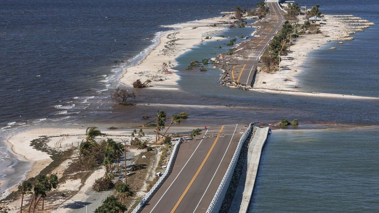 An aerial view of a partially collapsed Sanibel Causeway after Hurricane Ian caused widespread destruction, in Sanibel Island, Florida, U.S., September 29, 2022. REUTERS/Shannon Stapleton
