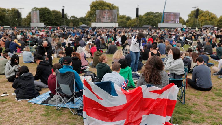 Mourners have gathered in Hyde Park not far from Westminster Abbey to watch the historic funeral service. Pic: AP