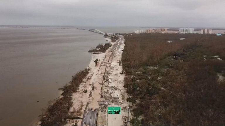 Part of the Sanibel Causeway was washed away by the powerful storm caused by Hurricane Ian. 