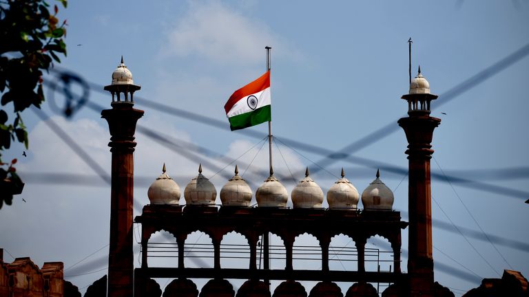 The Indian flag flies at half-mast at the historic Red Fort following Thursday’s death of Britain&#39;s Queen Elizabeth II in New Delhi, India, Sunday, Sept.11, 2022. (AP Photo/Manish Swarup)


