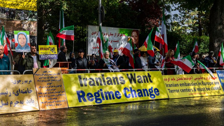 Demonstrators, pictured in front of the Iranian Embassy in Germany, are calling for regime change in Iran Pic: AP