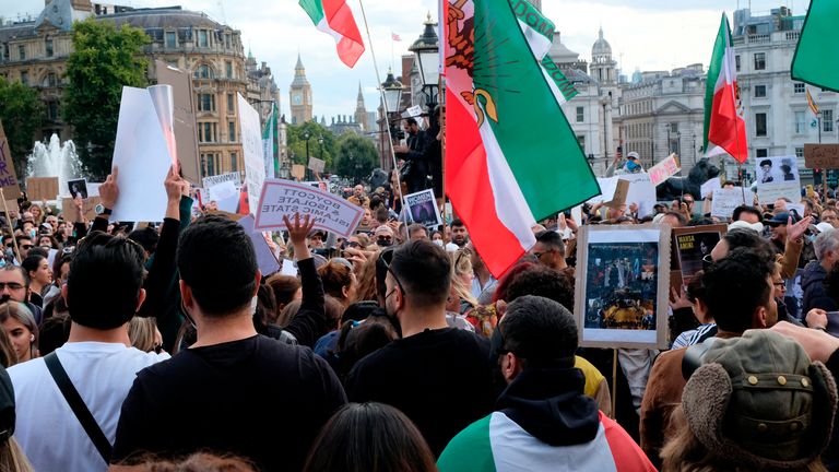 Protesters gather opposite the Iranian Embassy in London to protest against the death of Mahsa Amini in police custody in Iran Where: London, United Kingdom When: 24 Sep 2022 Credit: Cover Images  (Cover Images via AP Images)