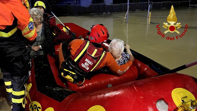 Elderly people being evacuated after heavy rains hit the east coast of Marche, Italy 
