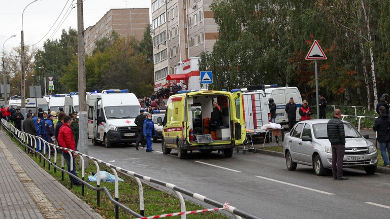 Police and paramedics work at the scene of a shooting at school No. 88 in Izhevsk, Russia, Monday, Sept. 26, 2022. A gunman on Monday morning killed 13 people and wounded 21 others in a school in central Russia, authorities said. Russia&#39;s Investigative Committee said in statement that seven children were among those killed in the shooting in the school in Izhevsk, a city about 960 kilometers (596 miles) east of Moscow in the Udmurtia region. (AP Photo)