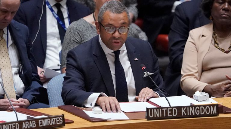 Britain&#39;s Foreign Secretary James Cleverly speaks during a high level Security Council meeting on the situation in Ukraine, Thursday, Sept. 22, 2022, at United Nations headquarters.(AP Photo/Mary Altaffer)