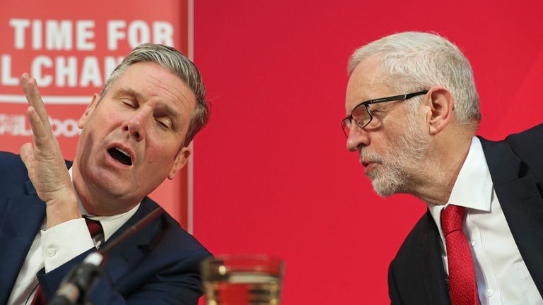 File photo dated 06/12/19 of the then Labour Party leader Jeremy Corbyn (right) alongside the then shadow Brexit secretary Keir Starmer during a press conference in central London. The current Labour Party leader, Sir Keir Starmer has faced fresh demands to pave the way for Jeremy Corbyn to stand as a Labour candidate at the next general election. Issue date: Sunday September 25, 2022.