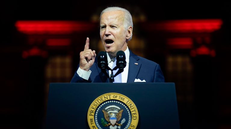 President Joe Biden speaks outside Independence Hall, Thursday, Sept. 1, 2022, in Philadelphia. (AP Photo/Evan Vucci)